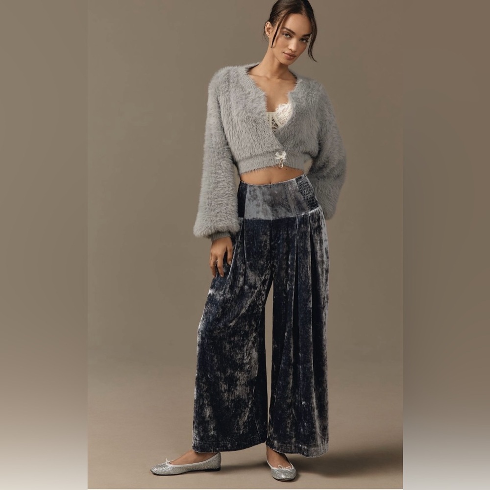 Anthropologie Crushed Velvet Wide-Leg Pants in Charcoal